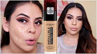 NEW LOREAL INFALLIBLE FRESH WEAR 24HR FOUNDATION FIRST IMPRESSION REVIEW amp DEMO  JuicyJas [upl. by Norrag645]