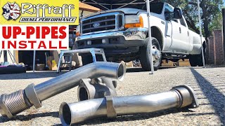 2001 F350 73  RiffRaff UpPipes Install  Stock up pipes leaking and falling apart JUNK SP [upl. by Dirtsa]